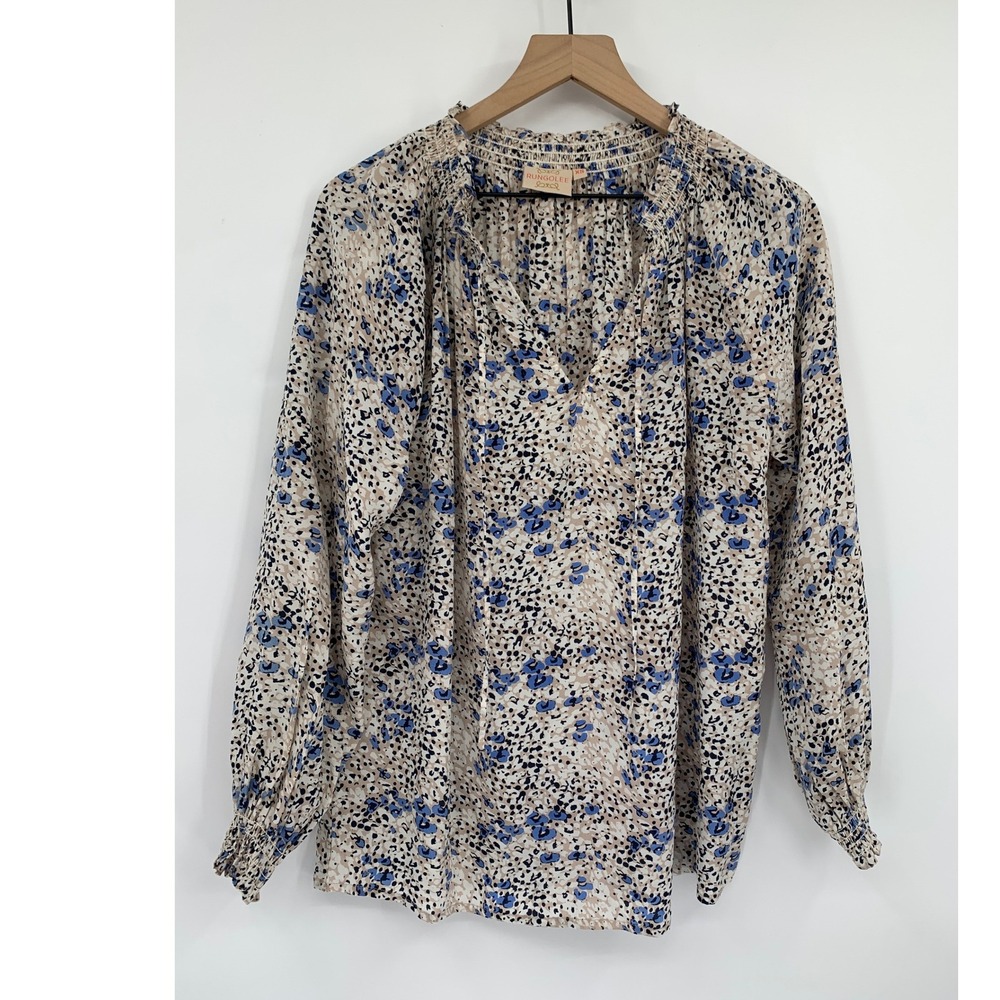 Rungolee Blouse Womens XS Blue Tan Animal Print Smocked Neck Long 100% Silk NWOT
